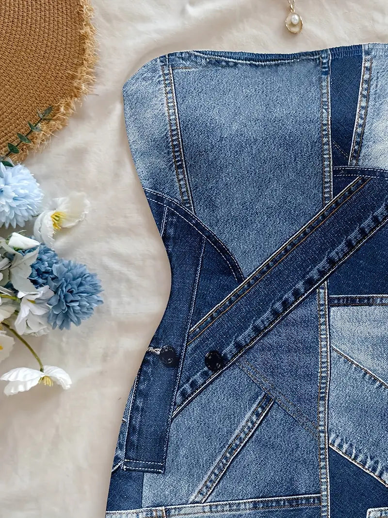 [Denim Print/Imitation Denim] Women's Mini Dress - Non-See-Through Imitation Denim Look, Machine Washable Party Outfit for Music Festivals, Night Outs, Western Events