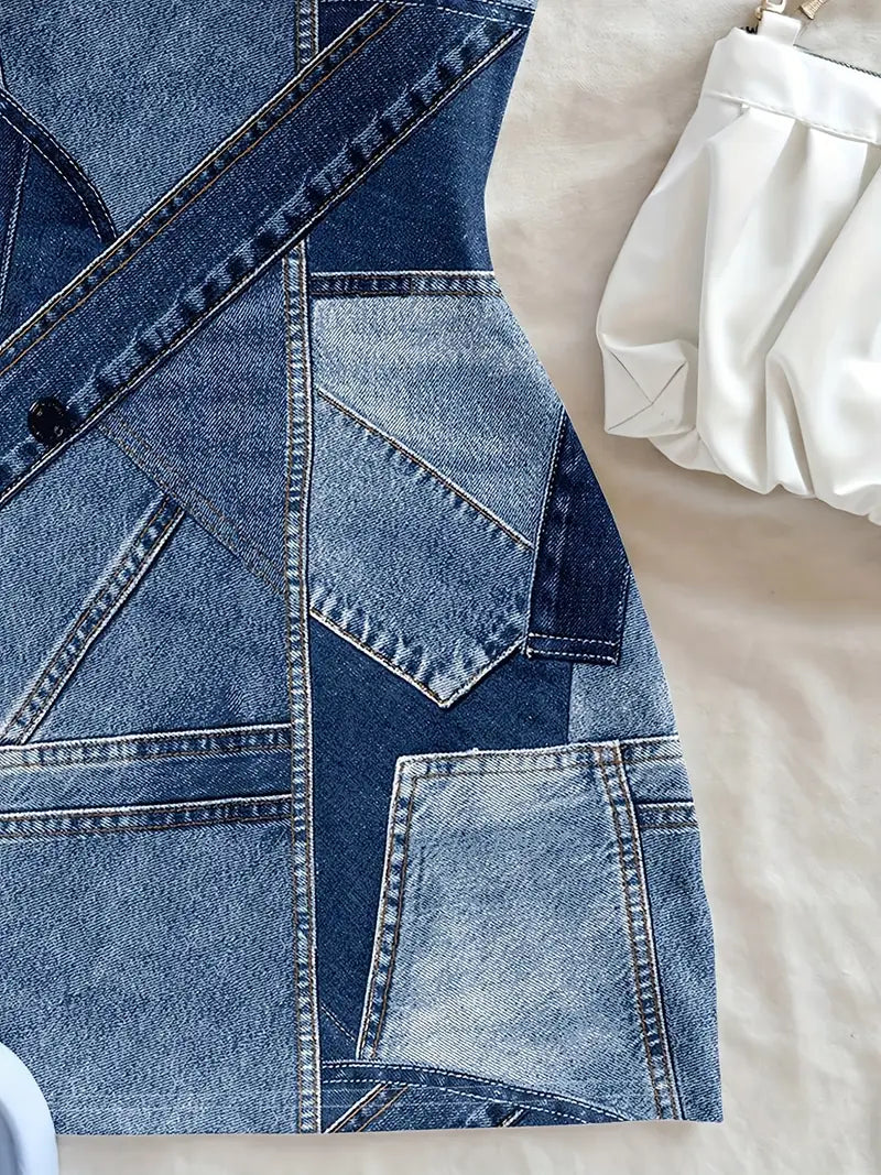 [Denim Print/Imitation Denim] Women's Mini Dress - Non-See-Through Imitation Denim Look, Machine Washable Party Outfit for Music Festivals, Night Outs, Western Events