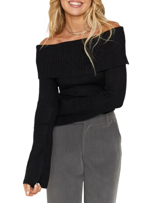 Women Sweater Long Sleeve Off-shoulder Solid Knit Pullover Tops For Daily Street