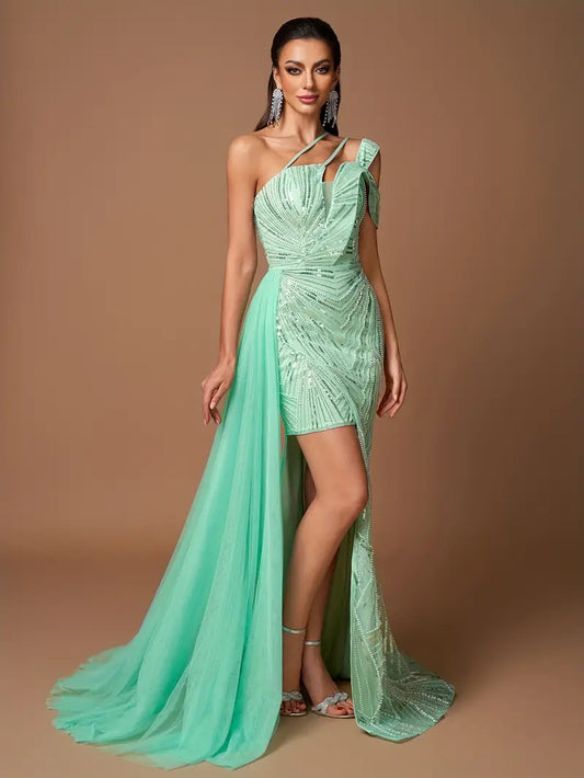 Elegant Mint Green Sequin Mermaid Gown with High Slit - Long Sleeve, Asymmetrical Neckline, Floor-Length Evening Dress for Women, Perfect for Parties and Formal Events, Formal Evening Gown