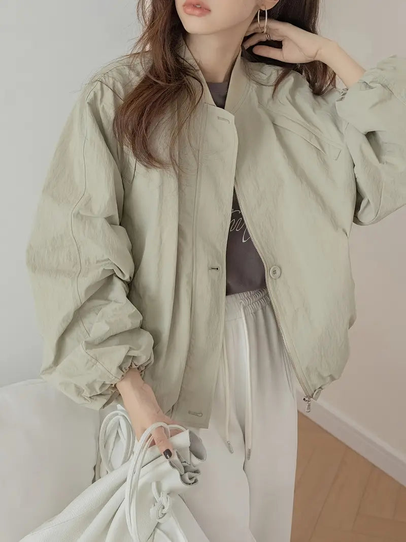 Floral Lantern Sleeve Loose Fit Baseball Jacket Casual Sport Short Coat