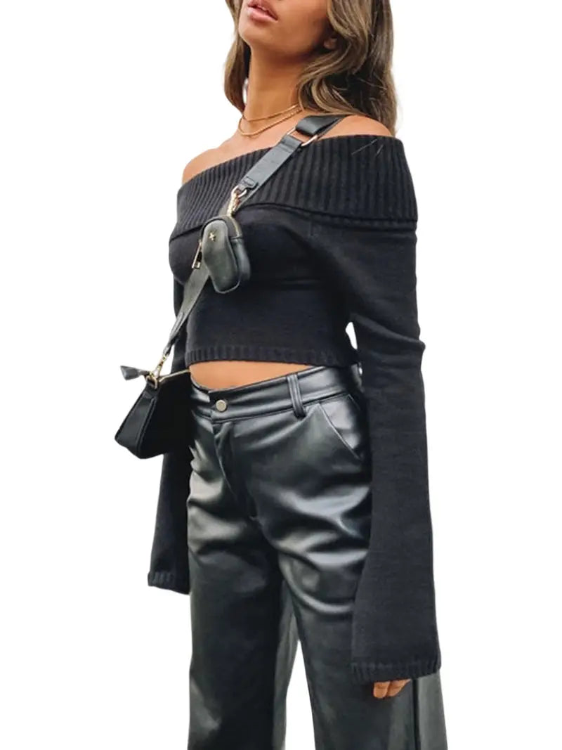Women Sweater Long Sleeve Off-shoulder Solid Knit Pullover Tops For Daily Street