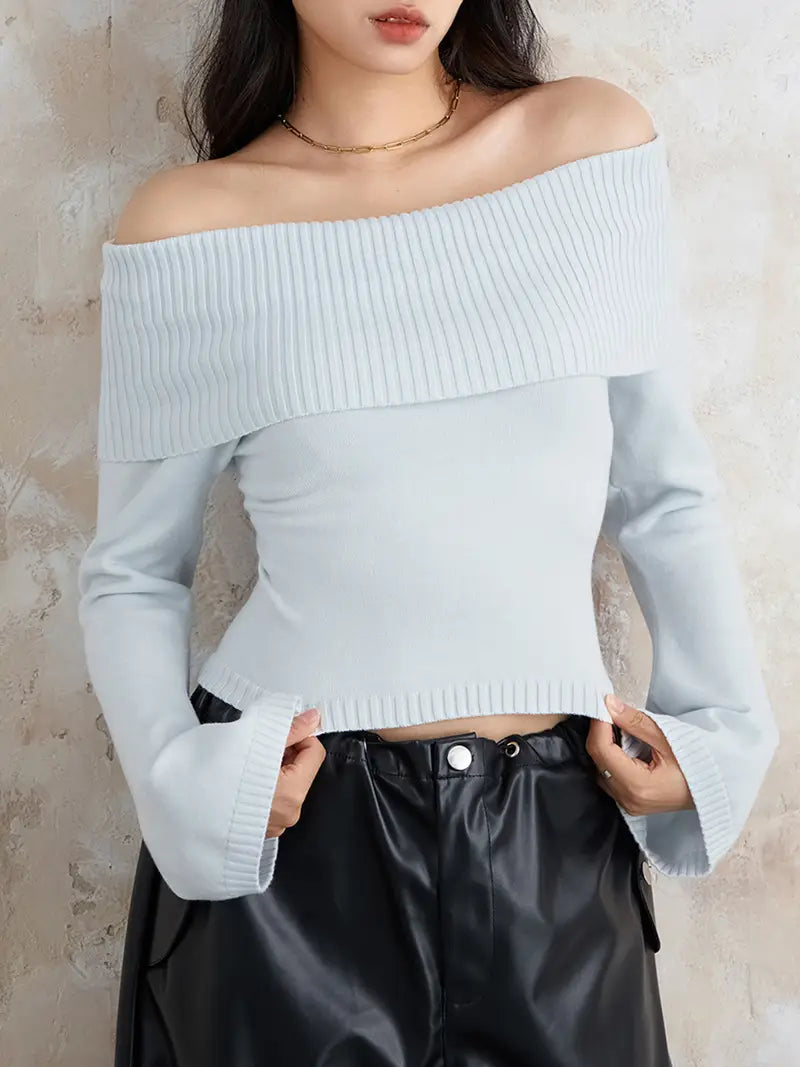 Women Sweater Long Sleeve Off-shoulder Solid Knit Pullover Tops For Daily Street