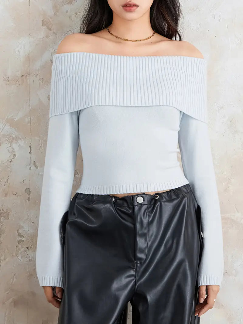 Women Sweater Long Sleeve Off-shoulder Solid Knit Pullover Tops For Daily Street