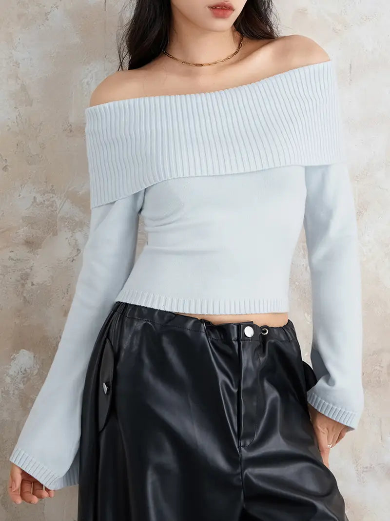 Women Sweater Long Sleeve Off-shoulder Solid Knit Pullover Tops For Daily Street