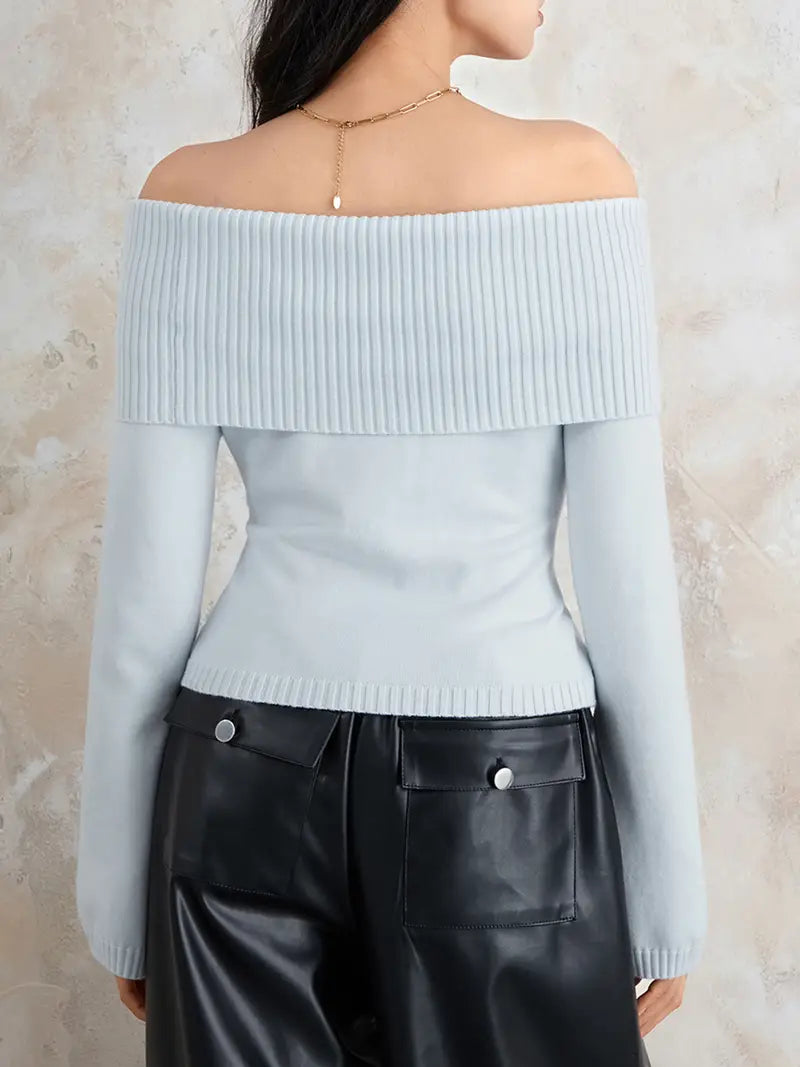 Women Sweater Long Sleeve Off-shoulder Solid Knit Pullover Tops For Daily Street