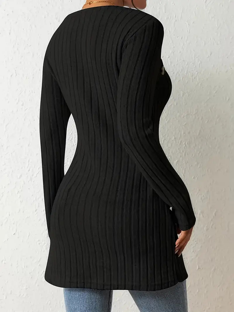 1pc Women'S Casual Solid Color Long Sleeve Knit Top with Square Neck and Asymmetrical Hem - Winter Knit Fabric Longline Tunic Shirt