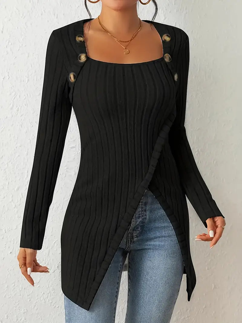 1pc Women'S Casual Solid Color Long Sleeve Knit Top with Square Neck and Asymmetrical Hem - Winter Knit Fabric Longline Tunic Shirt