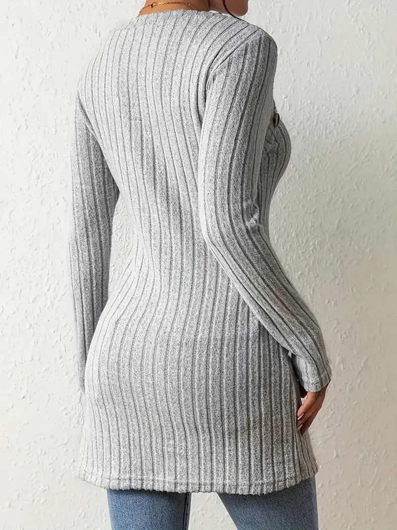 1pc Women'S Casual Solid Color Long Sleeve Knit Top with Square Neck and Asymmetrical Hem - Winter Knit Fabric Longline Tunic Shirt