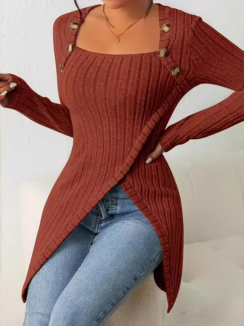 1pc Women'S Casual Solid Color Long Sleeve Knit Top with Square Neck and Asymmetrical Hem - Winter Knit Fabric Longline Tunic Shirt