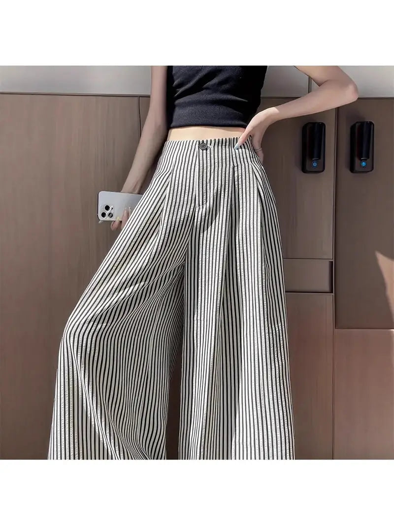 Women's Japanese Style Striped Dress Pants - High-Waist Straight Leg Trousers with Wide-Leg Fit, Black & White Horizontal Stripes - Elegant Drape Fabric for Work, Casual & Semi-Formal Outfits