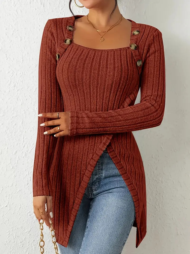1pc Women'S Casual Solid Color Long Sleeve Knit Top with Square Neck and Asymmetrical Hem - Winter Knit Fabric Longline Tunic Shirt