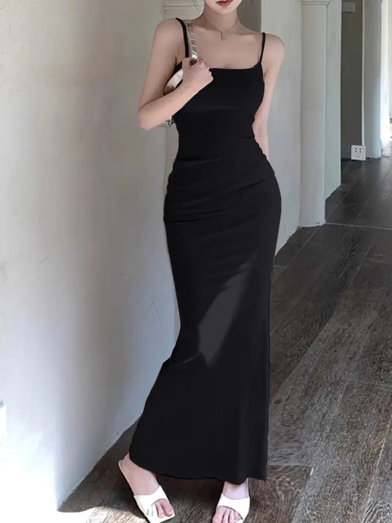 Sexy Bodycon Mermaid Dress with Spaghetti Straps - Backless Stretchy Polyester-Spandex Blend, Solid Color Elegant Evening Gown for Women, Summer Party & Formal Events