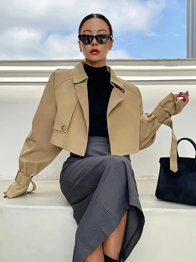 Women's Casual Short Windbreaker Jacket with Buckle-Fitted Shoulder Sleeves & Epaulets - Machine Washable, All-Season Versatile Outerwear for Everyday & Formal Wear, Double Breasted Design, Elegant Design Detail