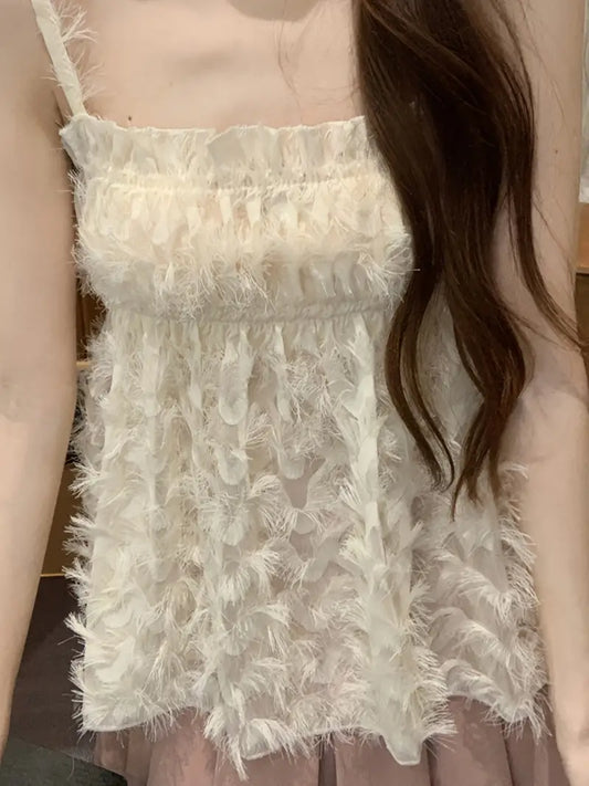 Elegant White Tasseled Camisole Top for Women - Vintage Sleeveless Pleated Summer Vest with Delicate Spaghetti Straps, Perfect for Parties and Clubs