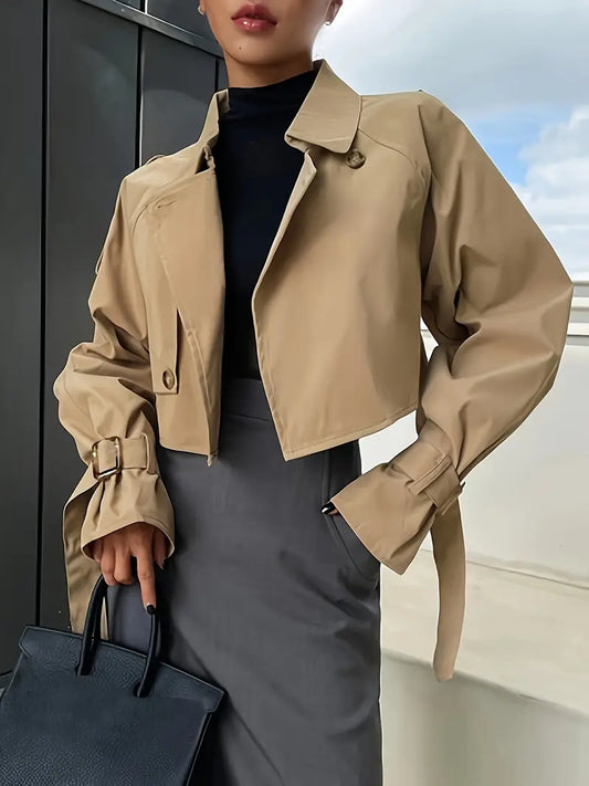 Women's Casual Short Windbreaker Jacket with Buckle-Fitted Shoulder Sleeves & Epaulets - Machine Washable, All-Season Versatile Outerwear for Everyday & Formal Wear, Double Breasted Design, Elegant Design Detail