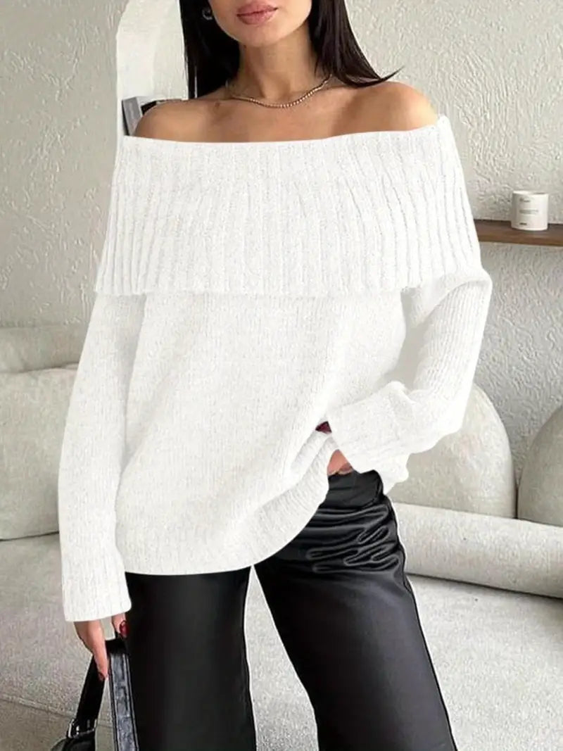 Women'S Sexy Off-the-Shoulder Pullover Sweater - Chic Fall/Winter Sweater with Ruffled Edges, Non-See-Through Fabric for Parties, Dates, Everyday Outfits