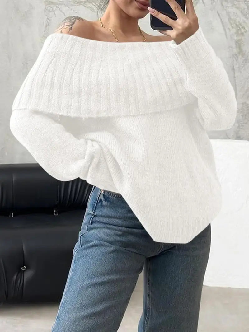 Women'S Sexy Off-the-Shoulder Pullover Sweater - Chic Fall/Winter Sweater with Ruffled Edges, Non-See-Through Fabric for Parties, Dates, Everyday Outfits