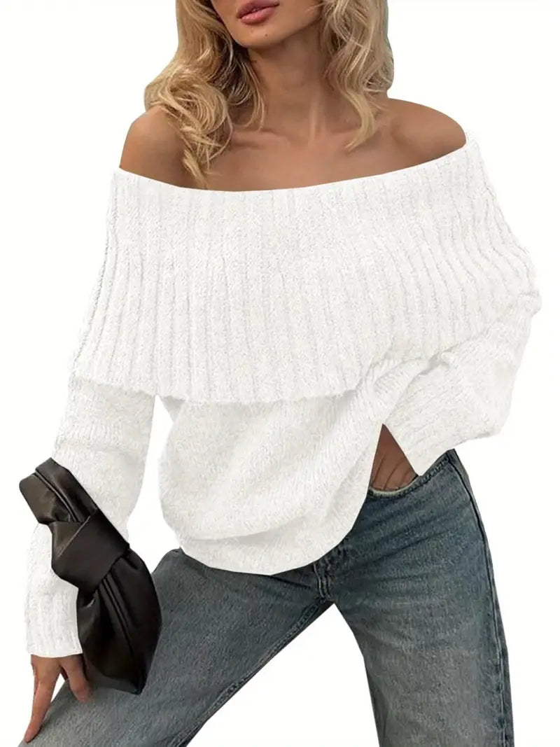 Women'S Sexy Off-the-Shoulder Pullover Sweater - Chic Fall/Winter Sweater with Ruffled Edges, Non-See-Through Fabric for Parties, Dates, Everyday Outfits