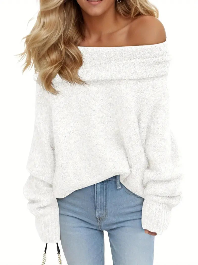 Women'S Sexy Off-the-Shoulder Pullover Sweater - Chic Fall/Winter Sweater with Ruffled Edges, Non-See-Through Fabric for Parties, Dates, Everyday Outfits