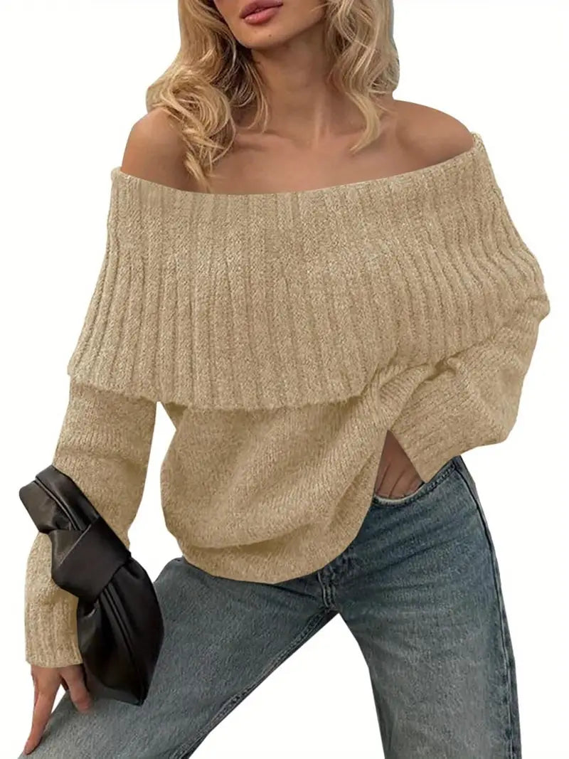 Women'S Sexy Off-the-Shoulder Pullover Sweater - Chic Fall/Winter Sweater with Ruffled Edges, Non-See-Through Fabric for Parties, Dates, Everyday Outfits