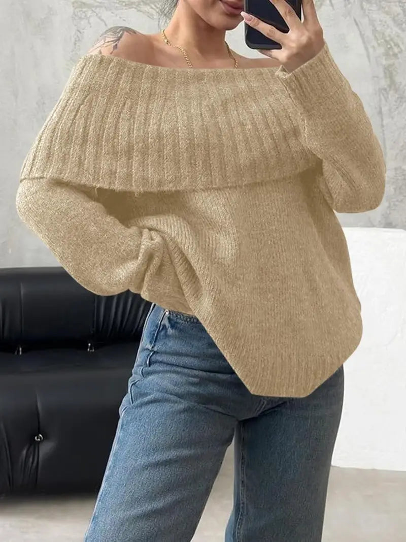 Women'S Sexy Off-the-Shoulder Pullover Sweater - Chic Fall/Winter Sweater with Ruffled Edges, Non-See-Through Fabric for Parties, Dates, Everyday Outfits