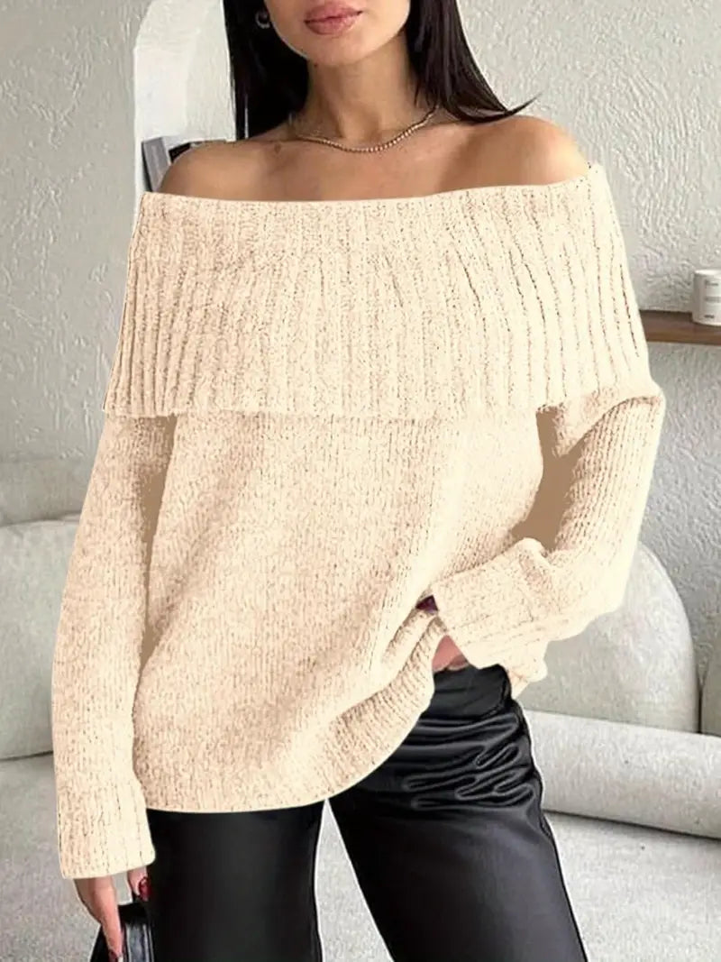 Women'S Sexy Off-the-Shoulder Pullover Sweater - Chic Fall/Winter Sweater with Ruffled Edges, Non-See-Through Fabric for Parties, Dates, Everyday Outfits