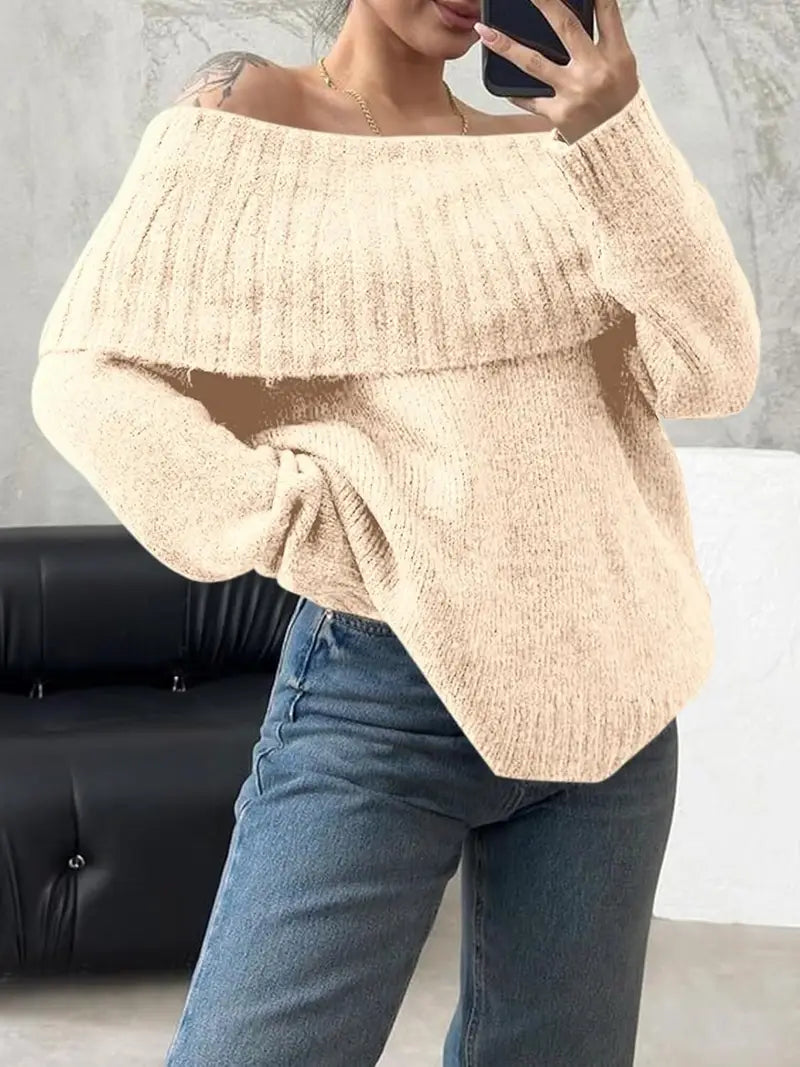 Women'S Sexy Off-the-Shoulder Pullover Sweater - Chic Fall/Winter Sweater with Ruffled Edges, Non-See-Through Fabric for Parties, Dates, Everyday Outfits