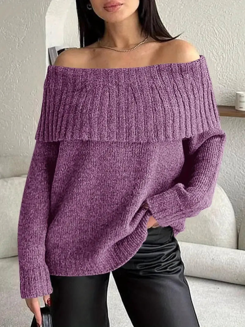 Women'S Sexy Off-the-Shoulder Pullover Sweater - Chic Fall/Winter Sweater with Ruffled Edges, Non-See-Through Fabric for Parties, Dates, Everyday Outfits
