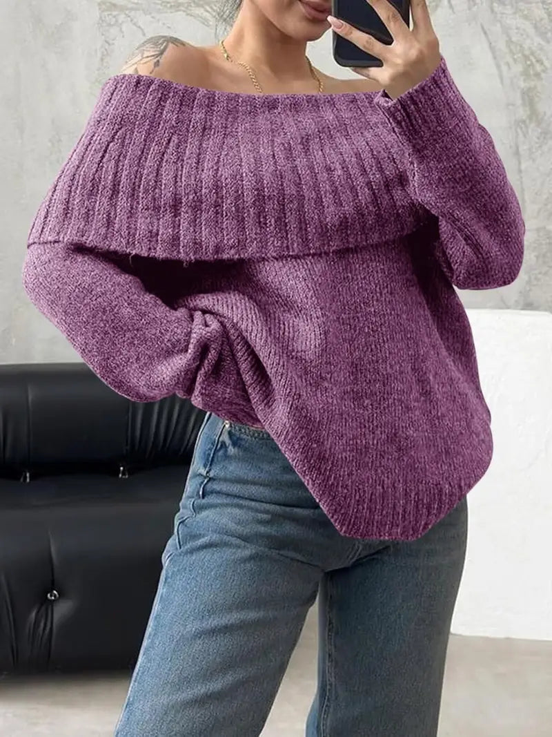 Women'S Sexy Off-the-Shoulder Pullover Sweater - Chic Fall/Winter Sweater with Ruffled Edges, Non-See-Through Fabric for Parties, Dates, Everyday Outfits