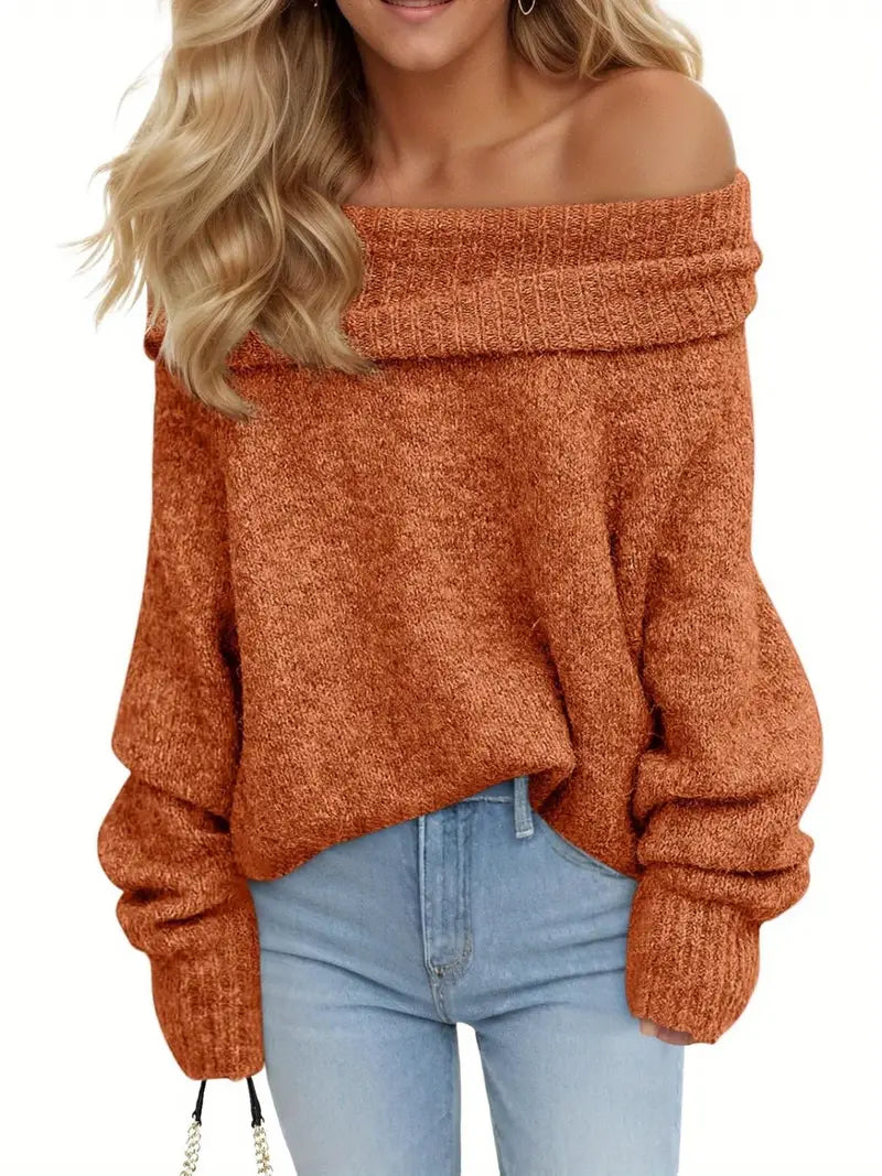 Women'S Sexy Off-the-Shoulder Pullover Sweater - Chic Fall/Winter Sweater with Ruffled Edges, Non-See-Through Fabric for Parties, Dates, Everyday Outfits