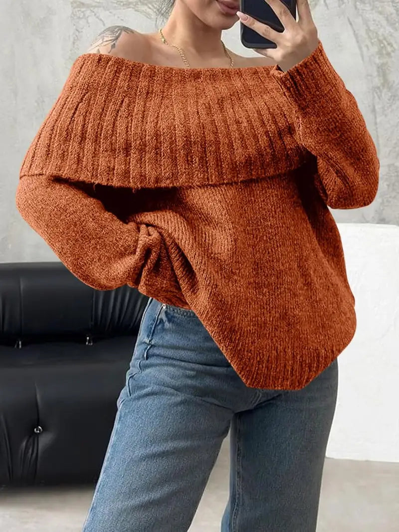 Women'S Sexy Off-the-Shoulder Pullover Sweater - Chic Fall/Winter Sweater with Ruffled Edges, Non-See-Through Fabric for Parties, Dates, Everyday Outfits