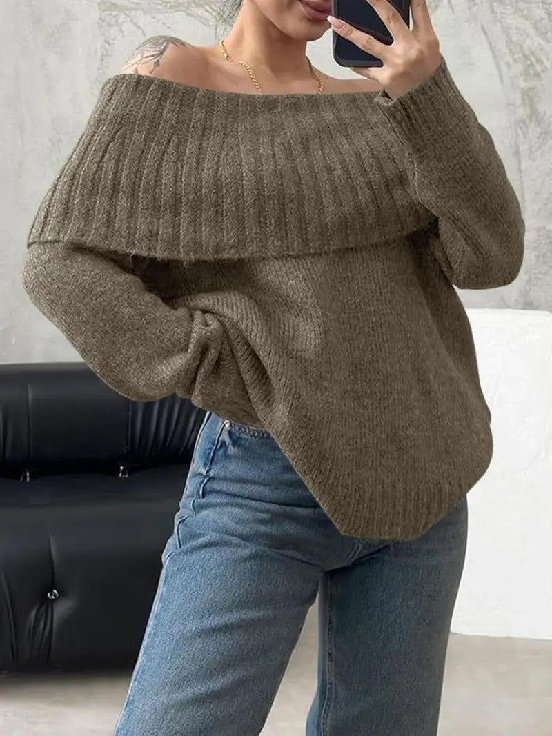 Women'S Sexy Off-the-Shoulder Pullover Sweater - Chic Fall/Winter Sweater with Ruffled Edges, Non-See-Through Fabric for Parties, Dates, Everyday Outfits