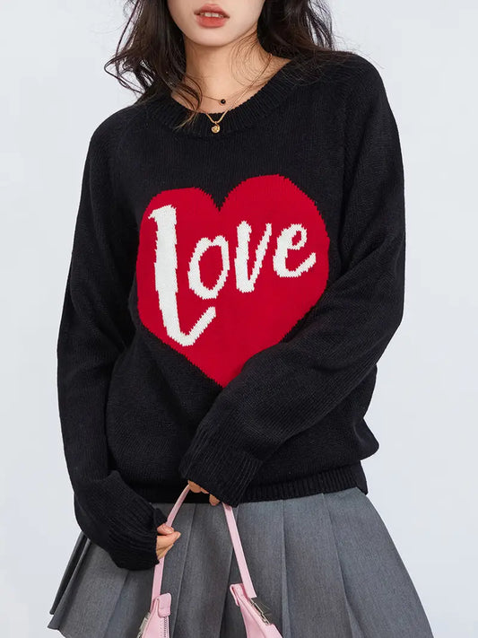 1pc Vintage Style Women'S Knit Sweater with Heart-Shaped "Love" Print - Long Sleeve, Round Neck, Thin Pullover with One Shoulder Collar and Fake Buttons Detail for Fall Season