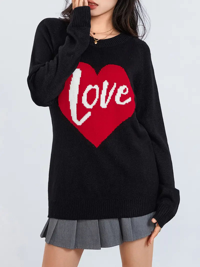 1pc Vintage Style Women'S Knit Sweater with Heart-Shaped "Love" Print - Long Sleeve, Round Neck, Thin Pullover with One Shoulder Collar and Fake Buttons Detail for Fall Season