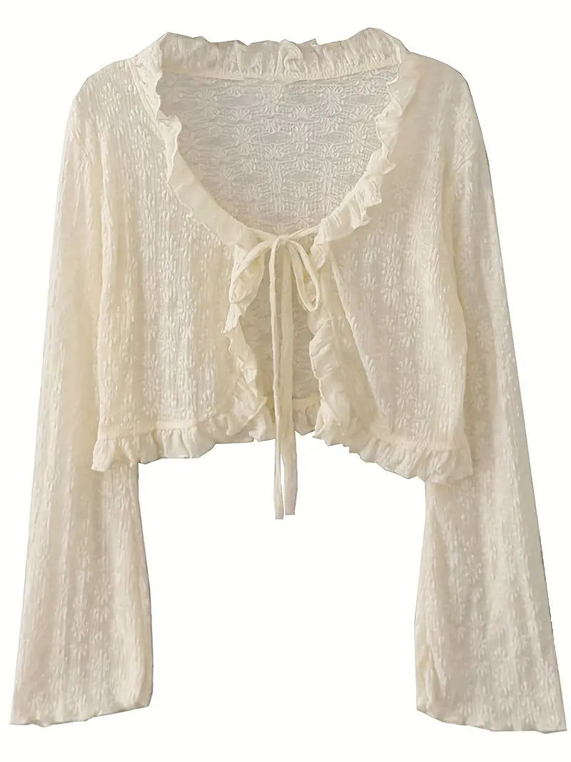 Lightweight Breathable Solid Color Shawl Short Lace Cardigan | Women's Top with Tie and Ruffle Design, Perfect for Spring/Summer Outings or Casual Wear