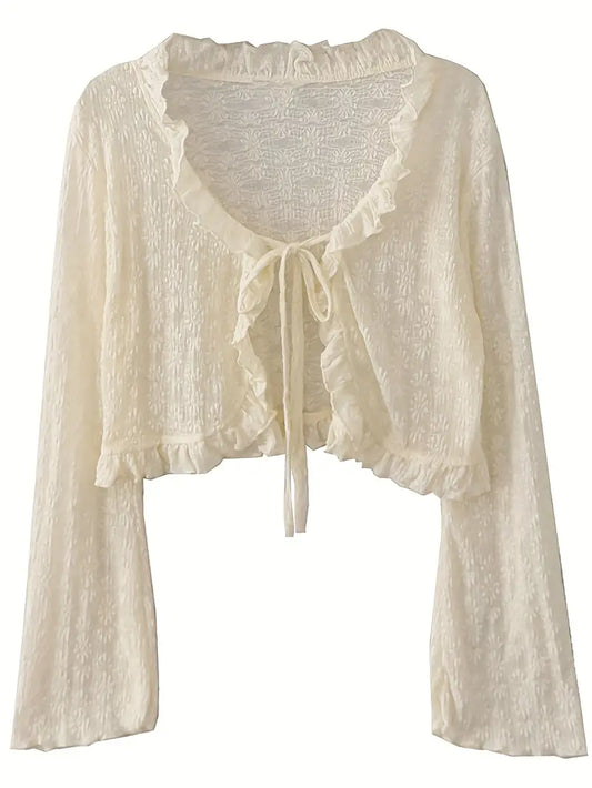Lightweight Breathable Solid Color Shawl Short Lace Cardigan | Women's Top with Tie and Ruffle Design, Perfect for Spring/Summer Outings or Casual Wear