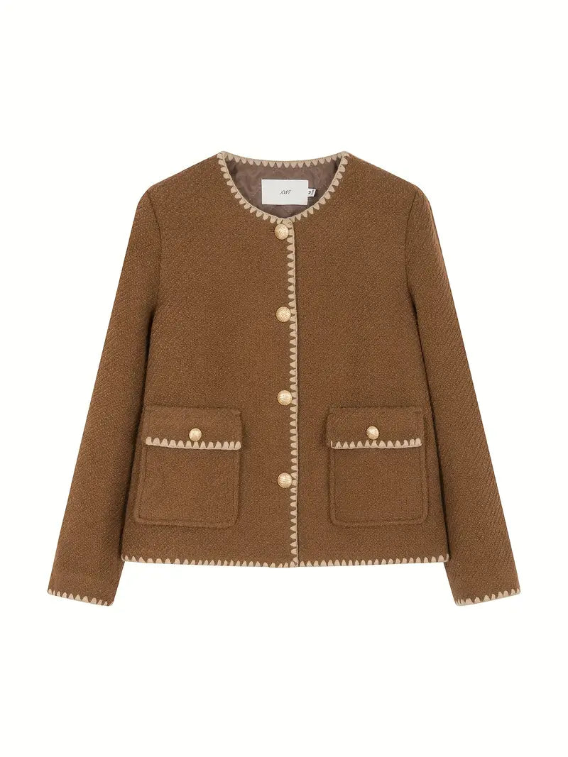 1pc XWI Elegant Polyester Knit Cardigan - Women'S Color Block Long Sleeve Casual Jacket with Contrast Binding, Single Breasted Placket, Non-Stretch Fabric for Fall/Winter Outings