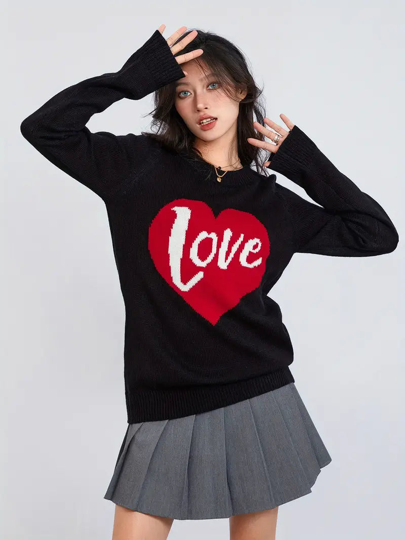 1pc Vintage Style Women'S Knit Sweater with Heart-Shaped "Love" Print - Long Sleeve, Round Neck, Thin Pullover with One Shoulder Collar and Fake Buttons Detail for Fall Season