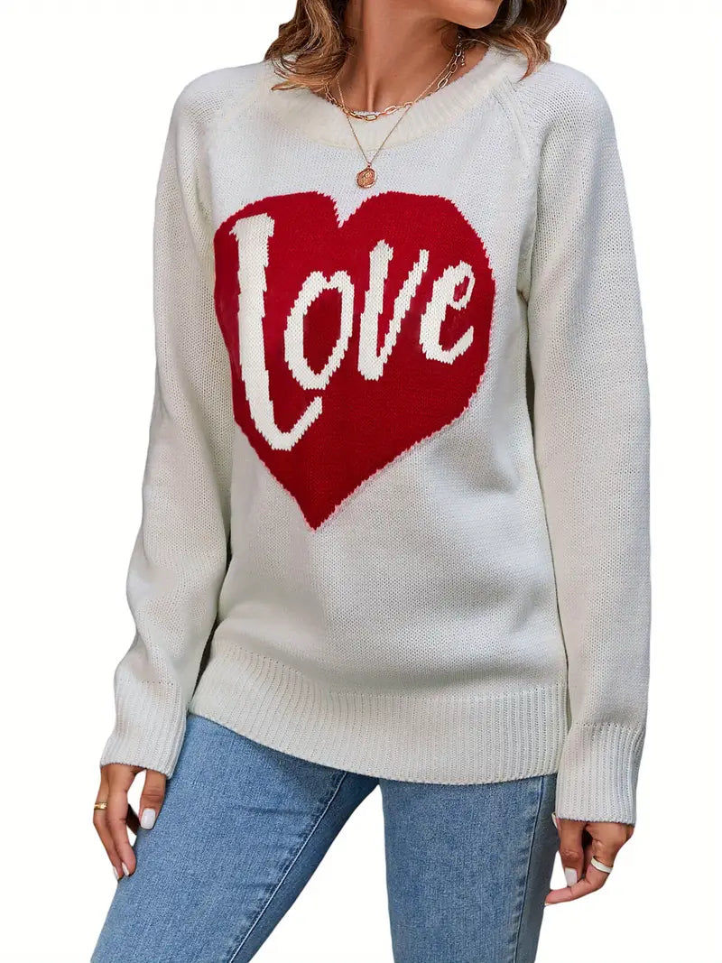 1pc Vintage Style Women'S Knit Sweater with Heart-Shaped "Love" Print - Long Sleeve, Round Neck, Thin Pullover with One Shoulder Collar and Fake Buttons Detail for Fall Season