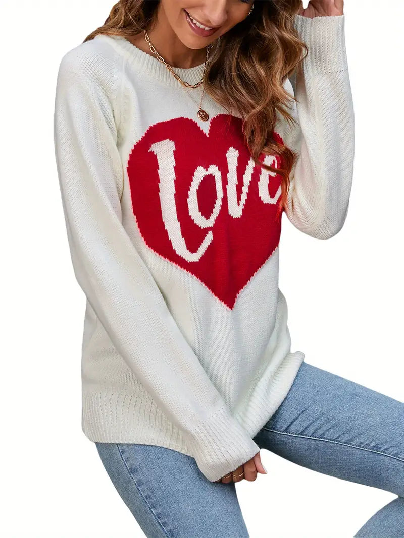 1pc Vintage Style Women'S Knit Sweater with Heart-Shaped "Love" Print - Long Sleeve, Round Neck, Thin Pullover with One Shoulder Collar and Fake Buttons Detail for Fall Season