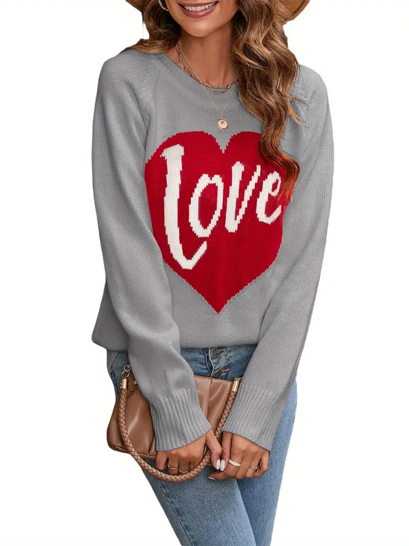 1pc Vintage Style Women'S Knit Sweater with Heart-Shaped "Love" Print - Long Sleeve, Round Neck, Thin Pullover with One Shoulder Collar and Fake Buttons Detail for Fall Season