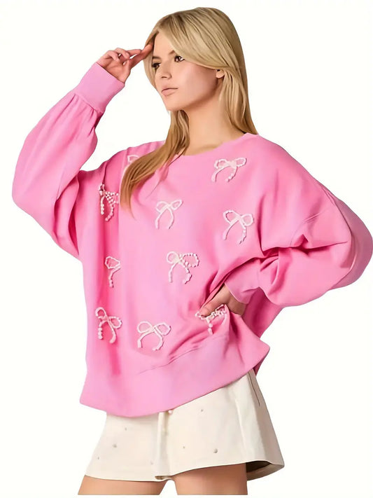 Women Y2K Pearl Bow Sweatshirt Long Sleeve Crew Neck Oversized Pullover Shirt Fairycore Fall Going Out Clothes