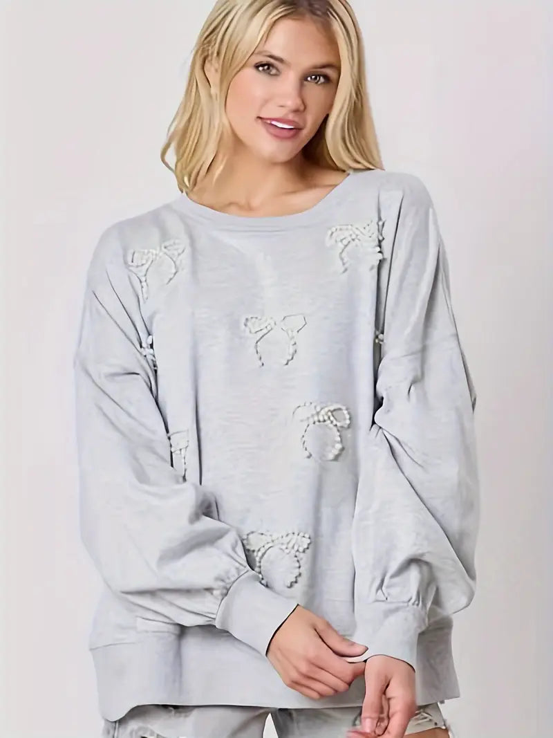 Women Y2K Pearl Bow Sweatshirt Long Sleeve Crew Neck Oversized Pullover Shirt Fairycore Fall Going Out Clothes