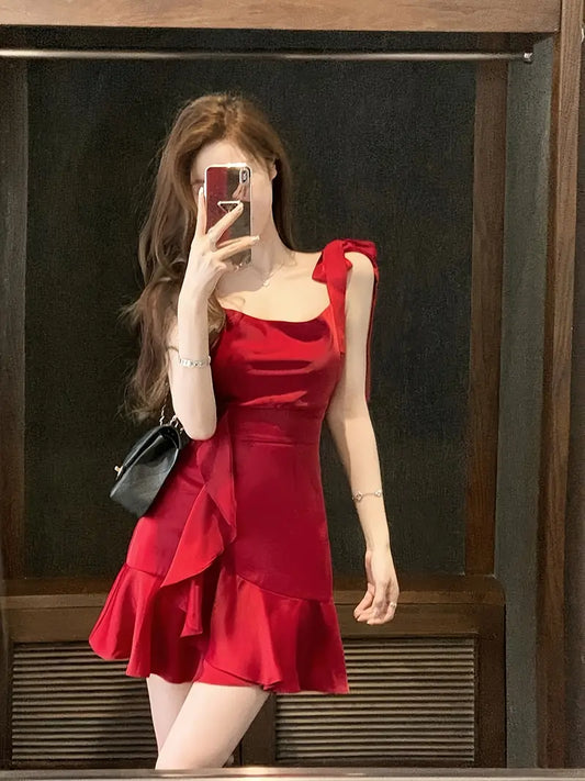Women'S Red Off-Shoulder Ruffled Mini Dress - Sexy Backless Summer Beach Dress with Tie Waist, Lightweight Polyester for Vacation & Casual Outings, Beach Dress