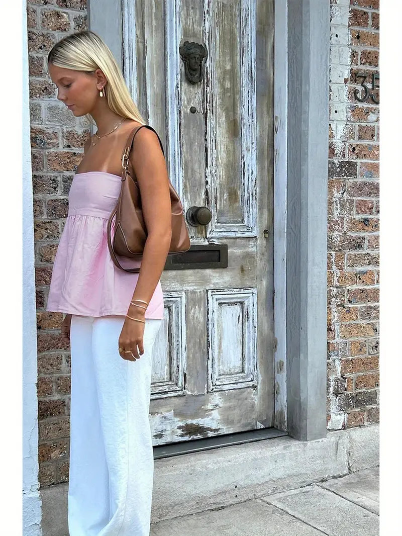 Women Sexy Strapless Ruffle Hem Tube Top Summer Solid Sleeveless Backless tube top Pleated Peplum Flowy Bandeau Top