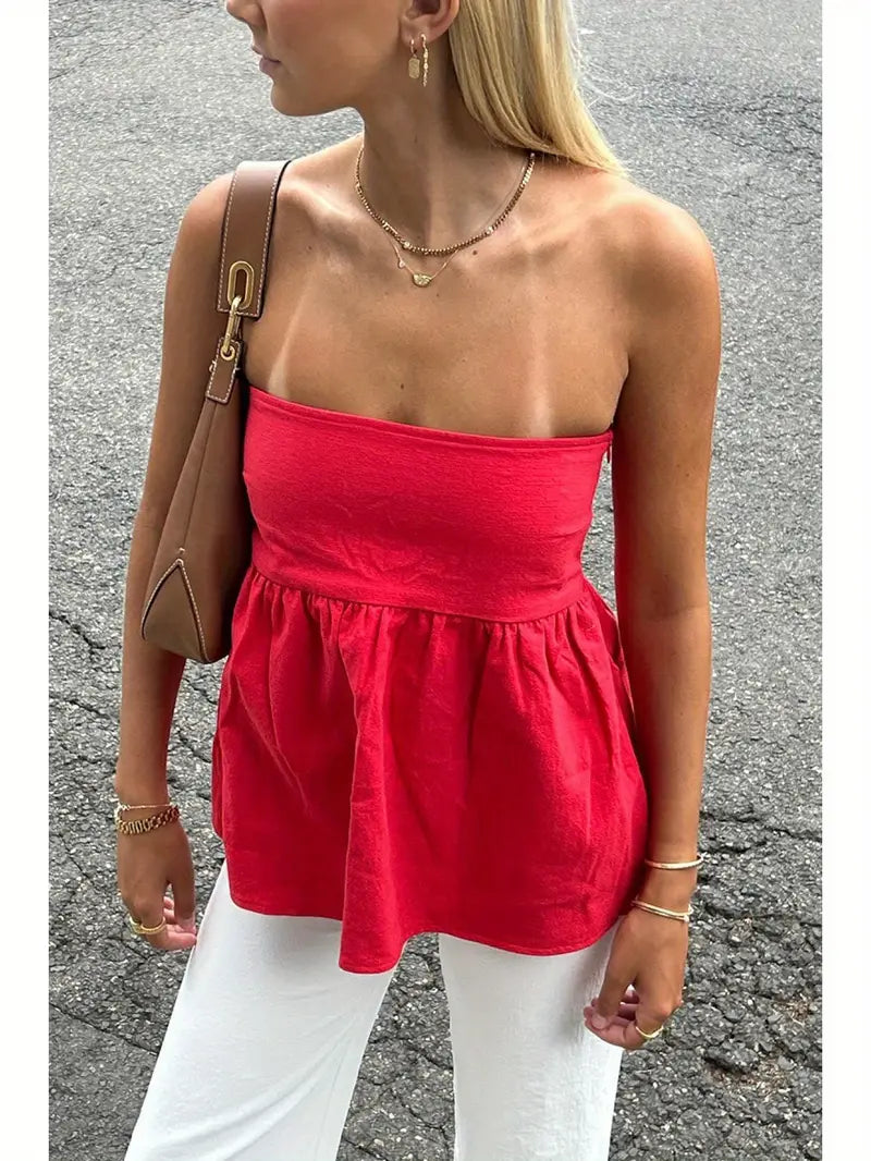 Women Sexy Strapless Ruffle Hem Tube Top Summer Solid Sleeveless Backless tube top Pleated Peplum Flowy Bandeau Top