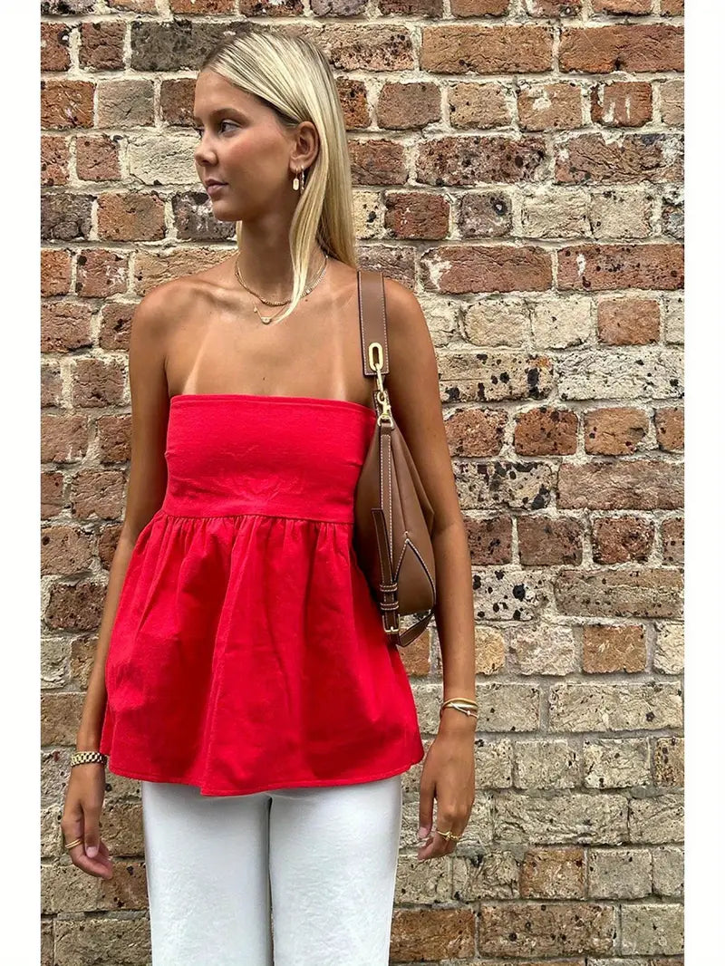 Women Sexy Strapless Ruffle Hem Tube Top Summer Solid Sleeveless Backless tube top Pleated Peplum Flowy Bandeau Top