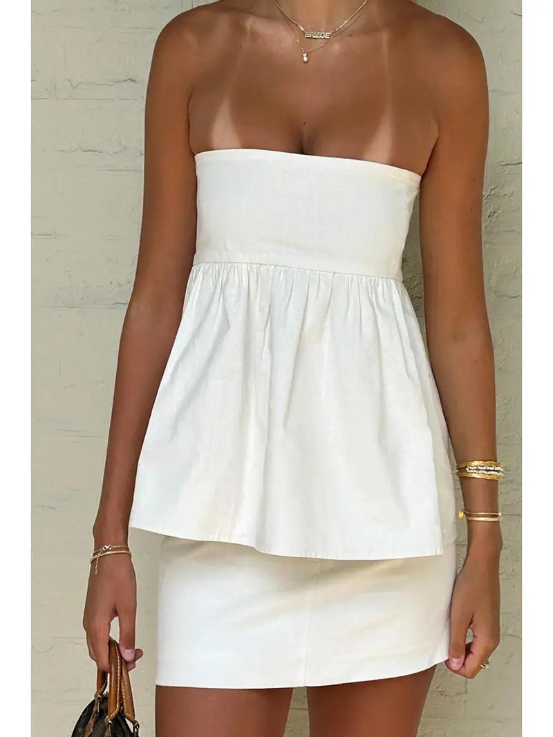 Women Sexy Strapless Ruffle Hem Tube Top Summer Solid Sleeveless Backless tube top Pleated Peplum Flowy Bandeau Top