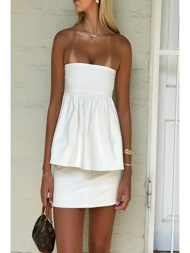 Women Sexy Strapless Ruffle Hem Tube Top Summer Solid Sleeveless Backless tube top Pleated Peplum Flowy Bandeau Top